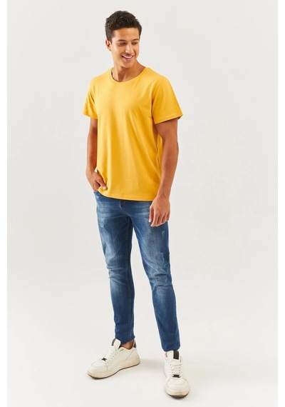 Erkek Oversize Rahat %100 Pamuklu Penye Bisiklet Yaka Kısa Kol Basic T-shirt HARDAL