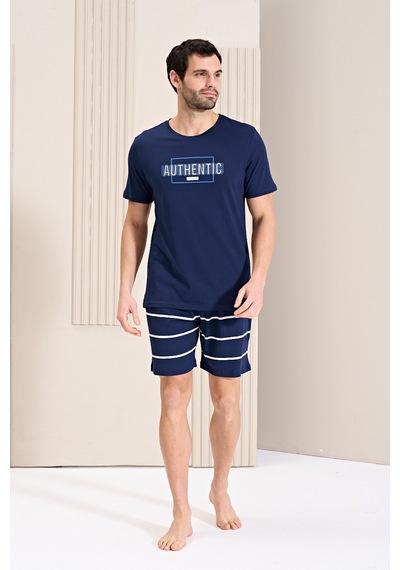 Over Sleep By Poleren Erkek Pijama Takımı Şortlu Kısa Kol Lacivert