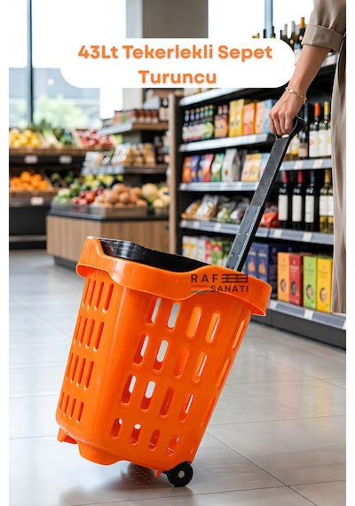 43 Lt Tekerlekli Market Sepeti Plastik Alışveriş Sepeti Ergonomik Çift Saplı Turuncu