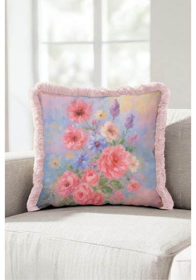 Çiçek Romantik Pastel Bahar Saçaklı Yastık Kılıfı - Floral Bohem Pembe Püsküllü Kırlent Kılıfı Çok Renkli