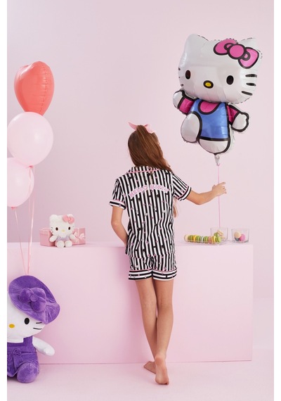 Siyah İnci Lisanslı %100 Pamuk Çok Renkli Düğmeli Biyeli Şort Pijama Takım Hk151 Siyah Beyaz