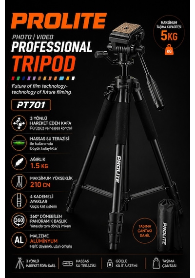 Professional Lighting Hidrolik Kafa Video Kamera Pr701 Tripod 5 Kg Taşıma Kapasite 210 Cm Dslr Fotoğraf Makinası Projeksiyon Dürbün Teleskop Professional Lighting Hidrolik Kafa Video Kamera Pr701 Tripod 5 Kg Taşıma Kapasite 210 Cm Dslr Fotoğraf Makinası Projeksiyon Dürbün Teleskop
