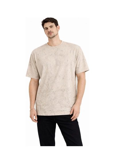Erkek Asit Yıkama Bisiklet Yaka Kısa Kollu Oversize T-shirt Tişört - Bej Çok Renkli