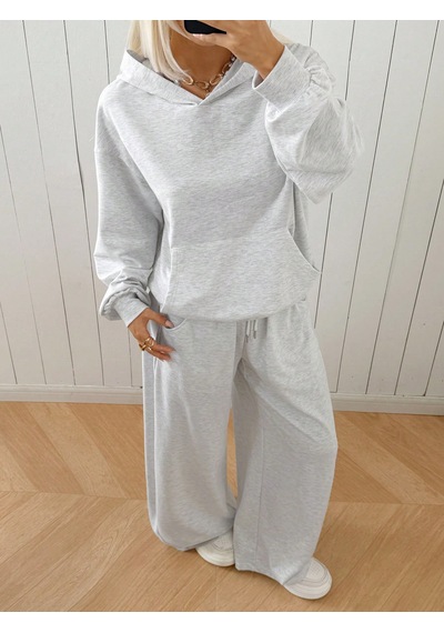Macklin Unisex Kadın Erkek Baskısız Sportif Oversize 3 İplik Kapüşonlu Hoodie Ve Baggy Eşofman Altı Gri Melanj
