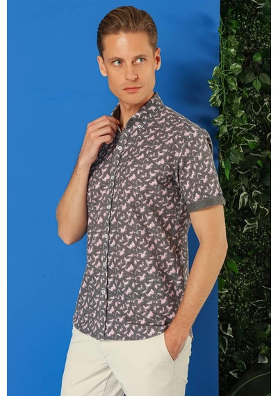 Efor Slim Fit Düğmeli Yaka Desenli Kısa Kol Pamuk Füme Gömlek G 1504 Füme