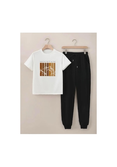 Medinenur Mountain Baskılı T-shirt Eşofman Altı Jogger Rahat Kalıp Eşofman Takım Beyaz