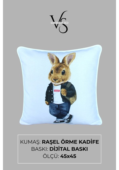 Kırlent Kılıfı Tavşan Desenli 45x45 Raşel Örme Kadife Çift Taraflı Dijital Baskı Beyaz Biyeli 03 Beyaz