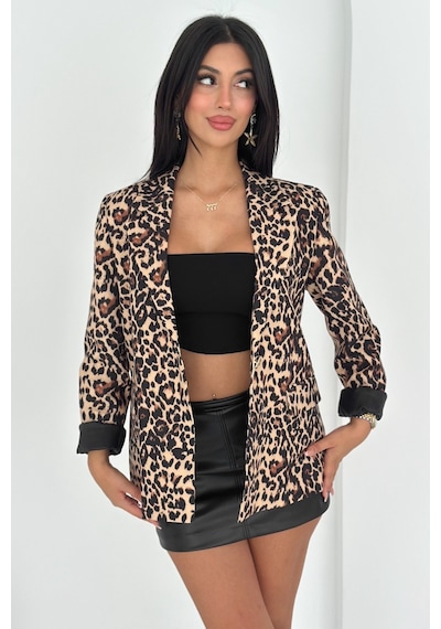Femelle Kahverengi Leopar Desenli Blazer Ceket Vatkalı İçi Astarlı