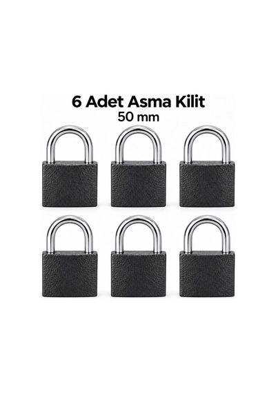 6 Adet 50 Mm Siyah Asma Kilit Seti Anahtarlı