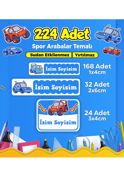 Yarış Arabası Temalı Okul Kreş Kişiye Özel İsim Etiket Seti - Model 264 Çok Renkli