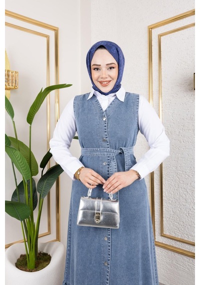 Harman Butik Kadın Düğmeli Kuşaklı Kot Jile Mavi