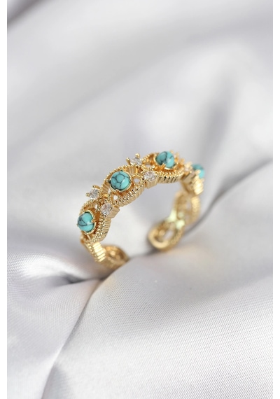 Mavi Taşlı Gold Renk Vintage Kadın Yüzük Çok Renkli