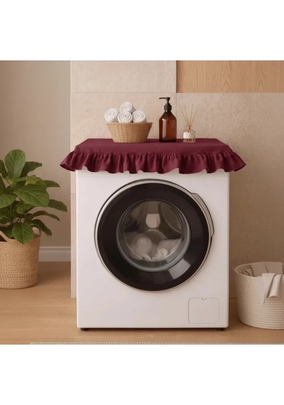 Fırfırlı Çamaşır Makinesi Örtüsü - Çeyizlik Dekoratif Banyo Makine Kılıfı- Bordo
