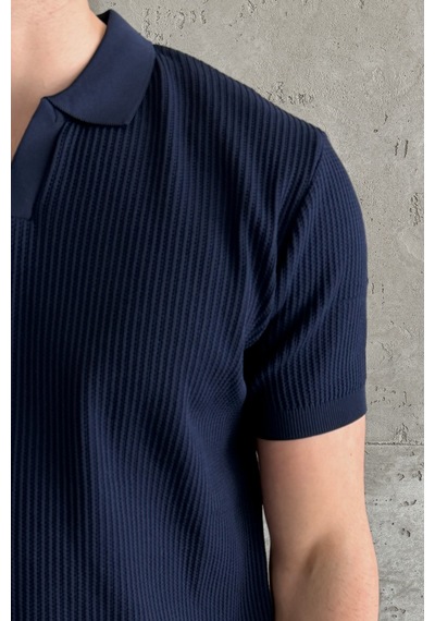 Erkek Petek Desen Polo Yaka Triko T-shirt Lacivert