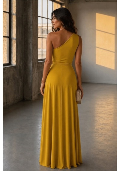 DefyModa Kadın Modern Stil Tek Omuz Kemerli Maxi Abiye Elbise Sarı
