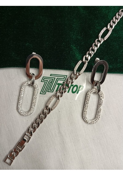 Tiptop/ Gümüş Renk Zirkon Taşlı Sallantılı Model Çelik Küpe -zincir Model Zirkon Taşlı Bileklik Gümüş