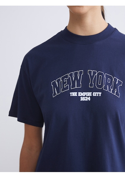 Lcw Modest Lacivert Bisiklet Yaka New York Baskılı Kadın Tişört