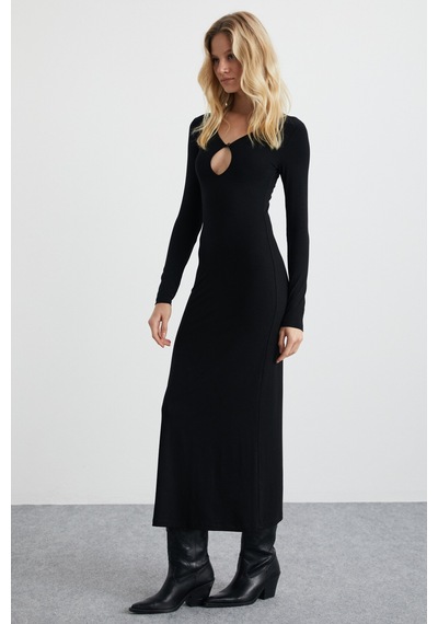 Ethıquet Lurvın Kadın Viscon Likralı Dekolte Yaka Vücüdü Saran Bodycon Maxi Siyah Elbise