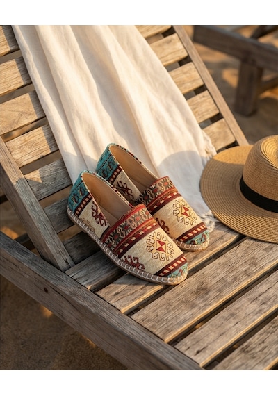 Futsishoes Magnolıa Mavi Kilim Desenli Hakiki Deri Kadın Etnik Desen Espadril Ayakkabı