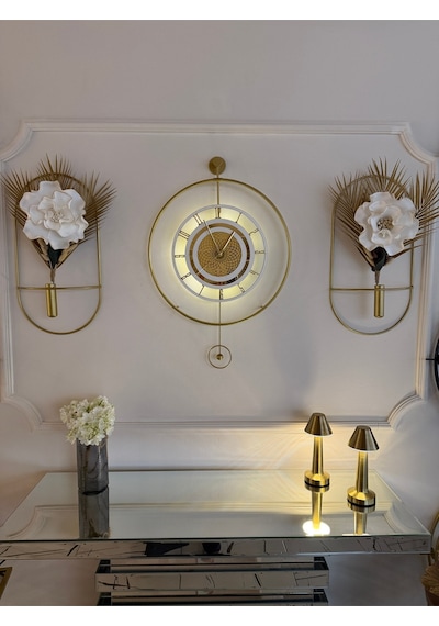 Metaquartz Aksesuar Premium Gold - Çark Pırlanta - Kırılmaz Camlı - Modern Dekoratif Metal Duvar Saati Gold