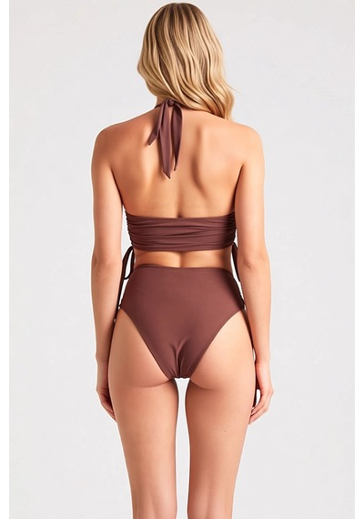 Benerly Kadın Bikini Takımı Bağlamalı Üçgen Yaka Çiçek Desenli Drapeli Ay Kahverengi