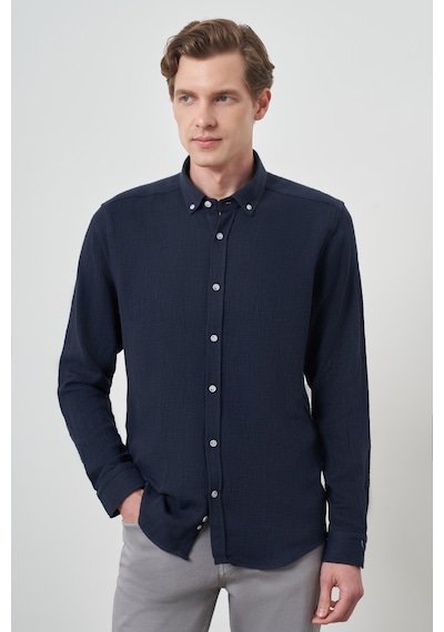 Morven Erkek Lacivert Trend Keten Slim Fit Düğmeli Yaka Gömlek 25ys004013200 Lacivert Lacivert