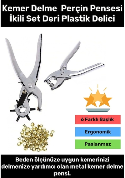 Premium 6 Farklı Başlık Uçlu Pratik Delgeç Kemer Delme Perçin Pensesi İkili Set Deri Plastik Delici