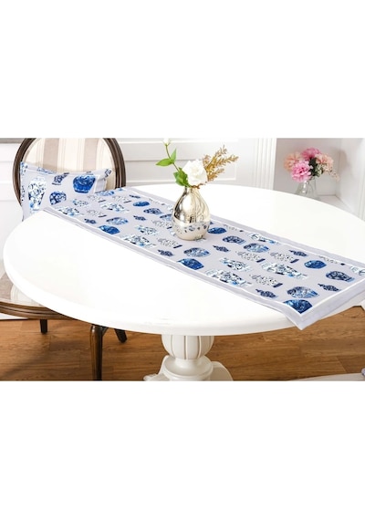 Vista Baskılı Kumaş Kreme Mavi Runner Kırlent Seti 3 Parça 45x45 Cm 1372 Mavi