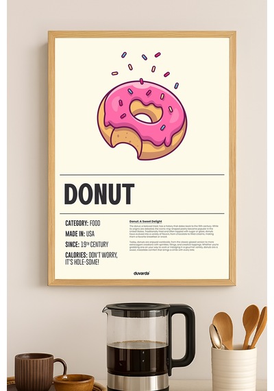 Donut Ahşap Çerçeveli Poster, Dekoratif Mutfak Duvar Tablosu