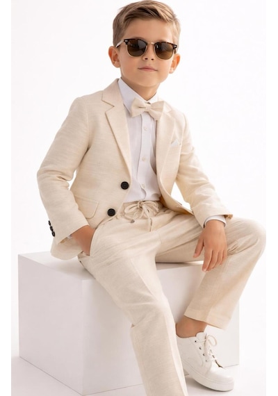 Baby Kids Colors Erkek Çocuk Flamlı Keten Salaş Ceketli Takım Elbise / Gömlek Pantolon Ceket Papyon Keten Takım Bej