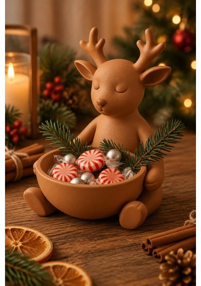 Ren Geyiği Figürlü Çok Amaçlı Kase Noel Sunum Kabı Bakır