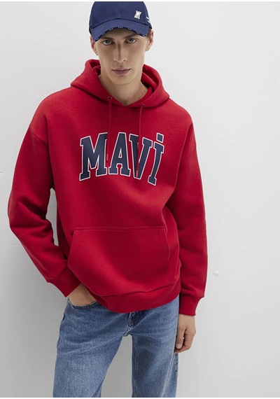 Mavi Logo Baskılı Kapüşonlu Kırmızı Erkek Sweatshirt M067149-70464 Kırmızı