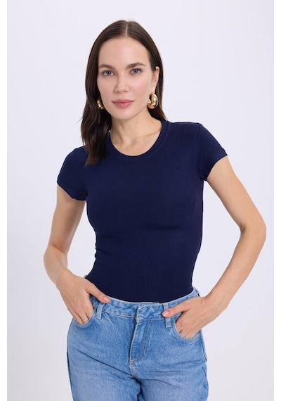 Tudors Kadın Regular Fit Klasik Kesim Bisiklet Yaka Viskon Kumaş Ultra Soft Lacivert Tişört-37795 Lacivert
