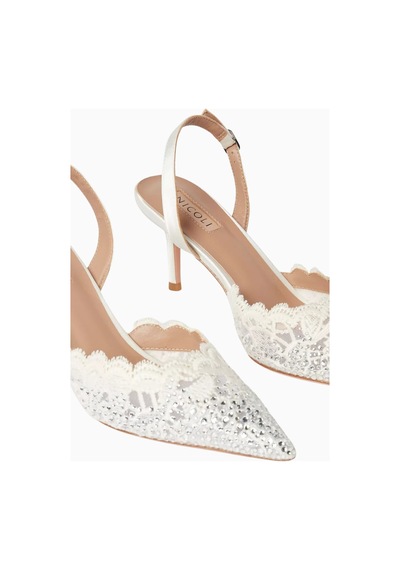Nicoli Rimini 70 Dantelli Slingback Topuklu, Kristal Taşlı, Sivri Burun, Lüks El Işçiliği Tasarım Beyaz