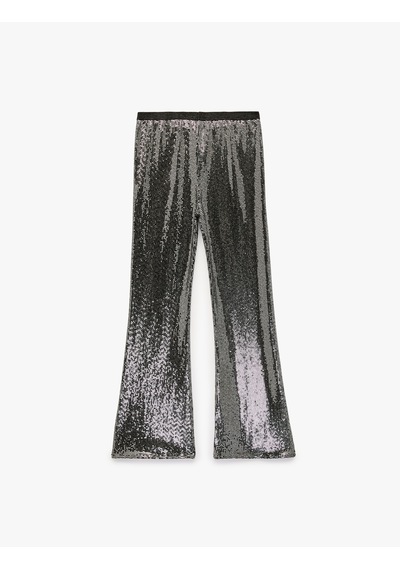 Koton Beli Lastikli Pullu Payetli İspanyol Paça Pantolon Gri 7wkg40109ak