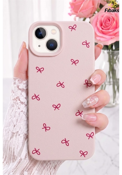 Fibaks iPhone 13/14/15 Uyumlu Kılıf Çizgi Fiyonk Desenli Yumuşak Silikon Pembe