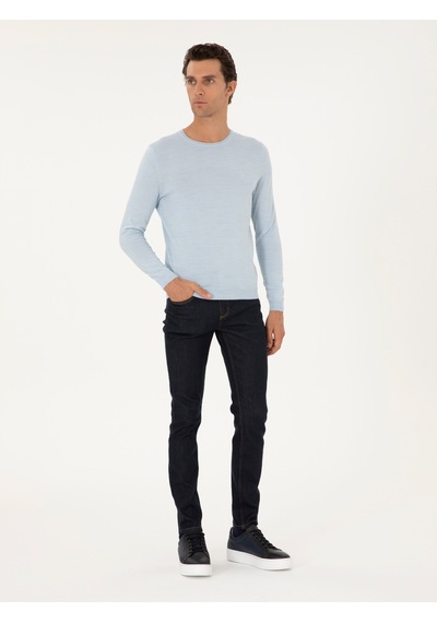 Cacharel Açık Mavi Slim Fit Yün Karışımlı Bisiklet Yaka Basic Triko Kazak Denım