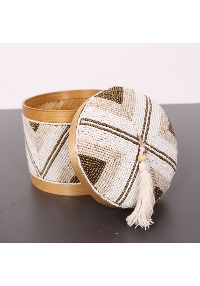 Bali Boncuklu Bambu Saklama Kutusu M 15x17 Cm Beyaz