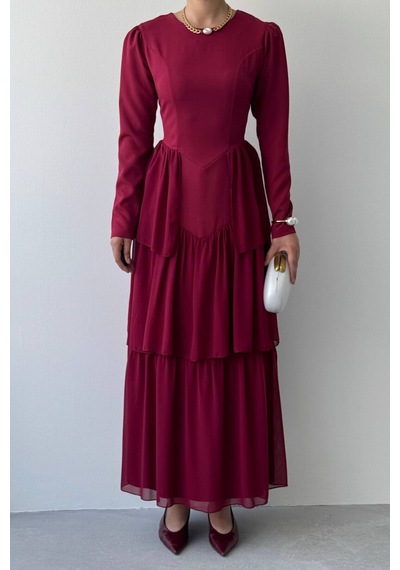 Nils Butik Korse Detaylı Midi Abiye Elbise Bordo