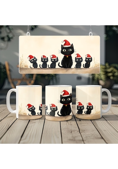 Yeni Yıl Temalı Siyah Kedi Desenli Kupa Bardak Noel Şapkalı Kediler Tasarımı - Yılbaşı Hediye Beyaz