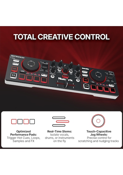 Numark Mixtrack Go Kompakt Bluetooth Dj Controller 2 Deck, Stems Kontrolü, Smart Fader, Kapasitif Dokunmatik Jog Wheel, Usb-c, Serato Dj Lite & Algoriddim Djay Dahil, Taşınabilir Dj Mikseri