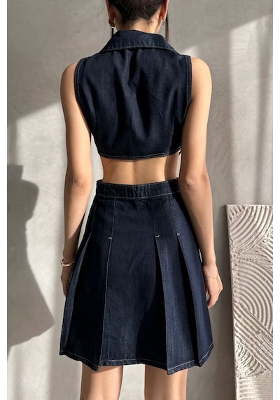 Nido Moda Kadın Yaka Detaylı Cut-out Mini Denim Elbise Lacivert