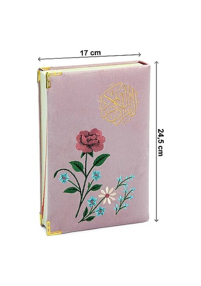 Nakışlı Kadife Kaplı Güllü Kuranı Kerim - Orta Boy - Pembe
