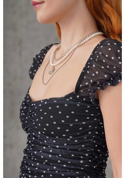 Defymoda Puantiyeli Belden Oturtmalı Tül Siyah Bluz Siyah