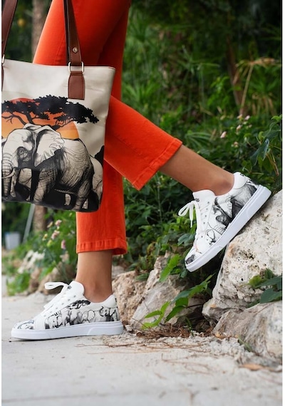 Kadın Vegan Deri Beyaz Sneakers - Sunset Animals Tasarım Çok Renkli