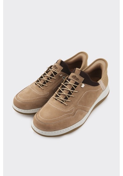 Derinet Hakiki Deri Lastik Bağcıklı Erkek Sneaker Kum Nubuk Kum Nubuk