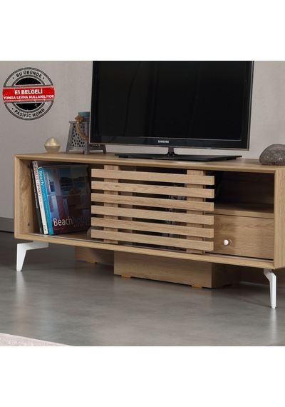 Lulu Metal Ayaklı Tv Ünitesi 125Cm / Sürgülü Kapaklı Tv Sehpası