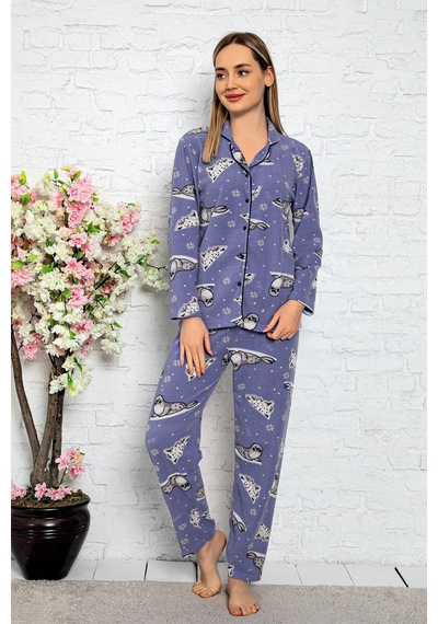 Nisanca Bayan Kışlık Welsoft Peluş İnci Polar Düğmeli Pijama Takımı 'ipeksi Doku' İndigo