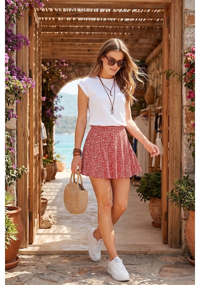 Lela Beli Lastikli Mini Şort Bayan Etek 5864024 Kırmızı-Beyaz