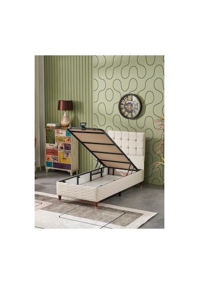 Beehanem Bengü Krem 100x200 Geniş Tek Kişilik Modern Baza Başlık Takımı Kullanışlı 2'li Set 100 x 200